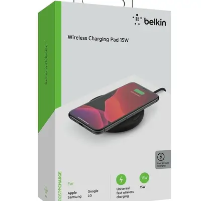 Belkin BoostCharge Wireless Charging Pad 15W (Qi-Certified Fast Wireless Charger for iPhone, AirPods, Samsung, Google and more, AC Adapter Not Included) - Black